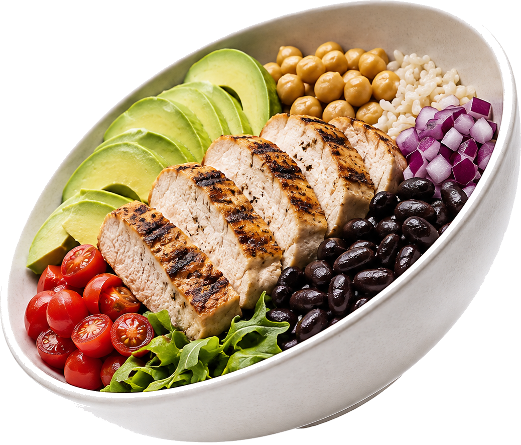 Bowl with grilled chicken, avocado, rice, beans and vegetables