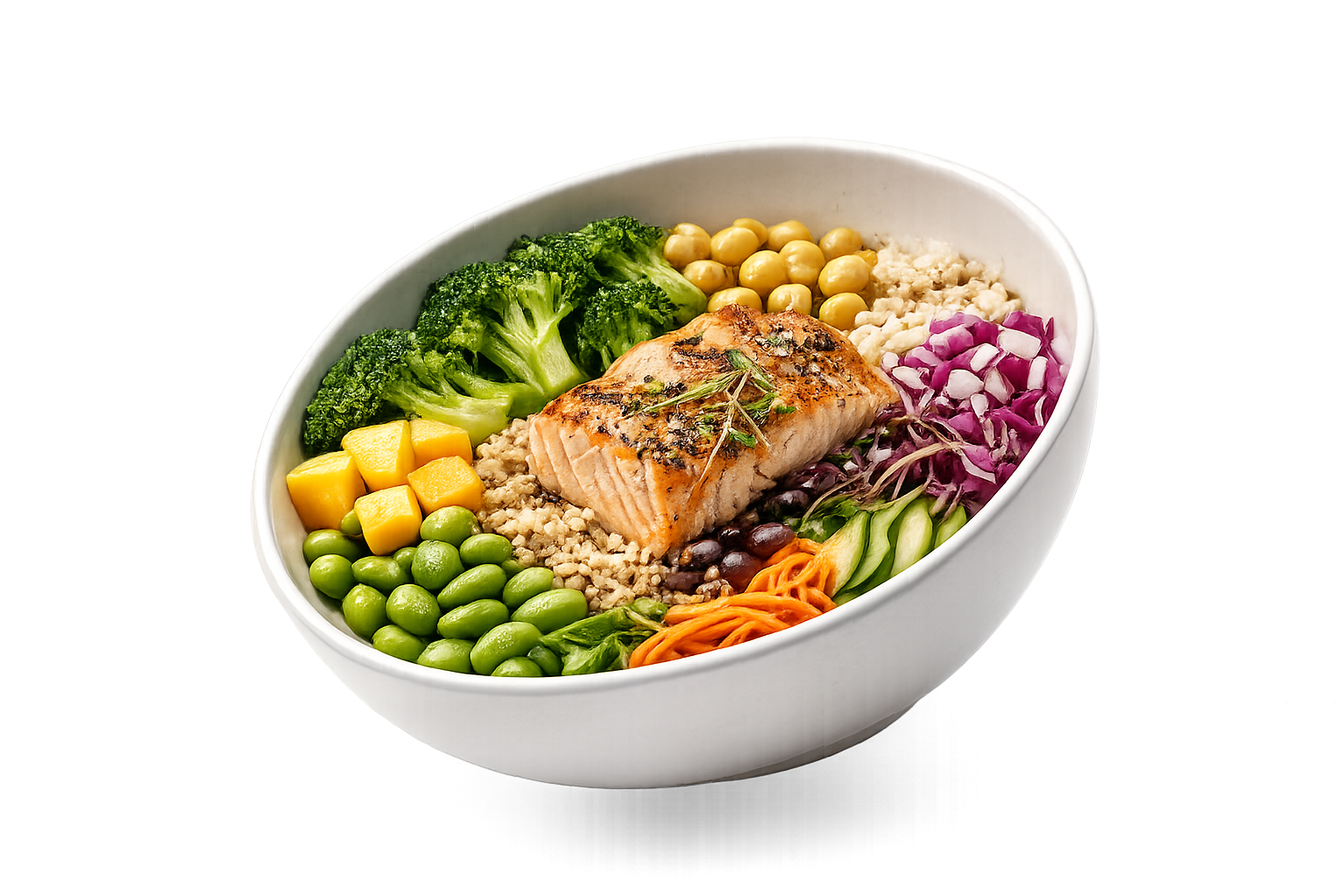 Bowl with salmon, grains, greens and vegetables