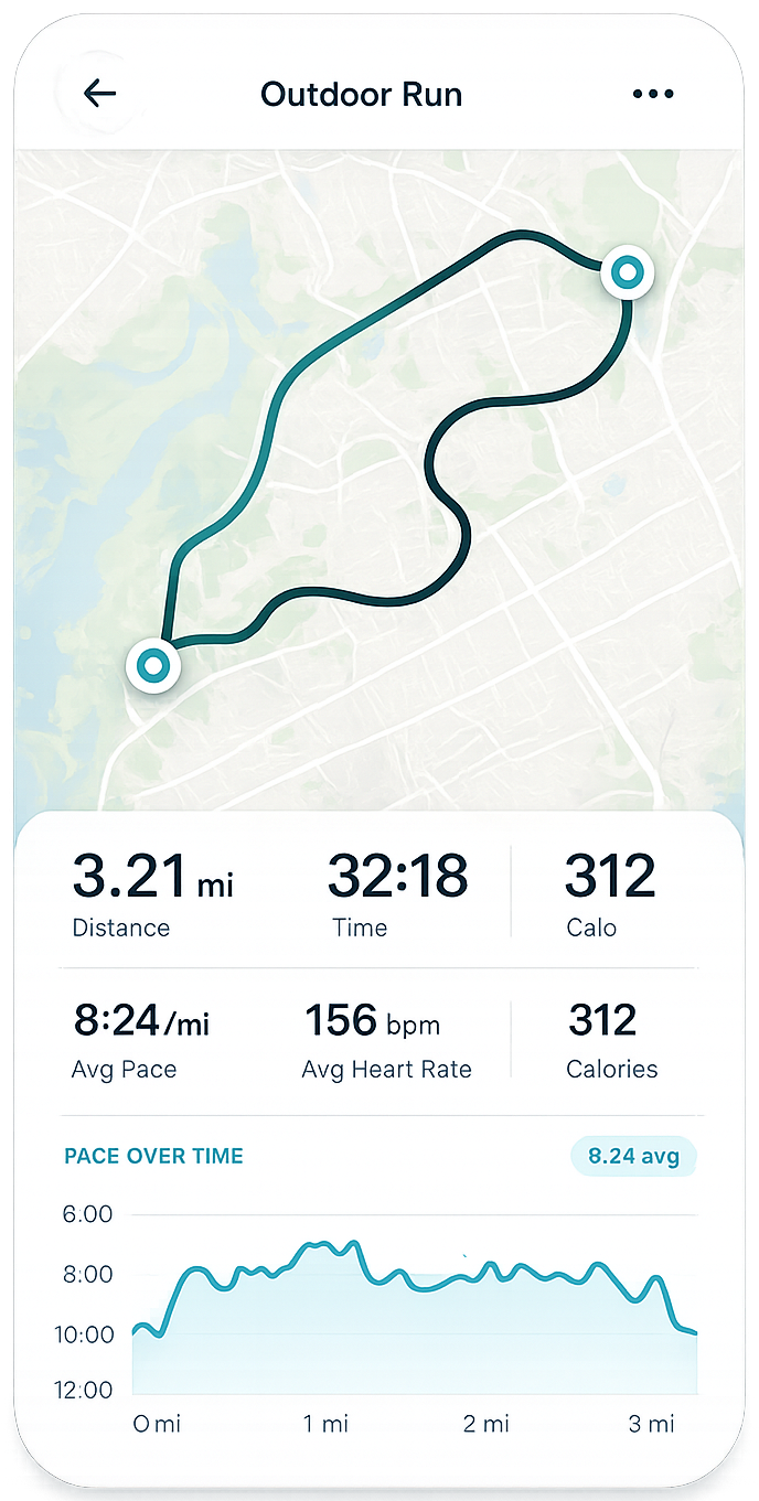 ALIGN Outdoor Run screen showing route map, distance, time, pace and heart rate metrics